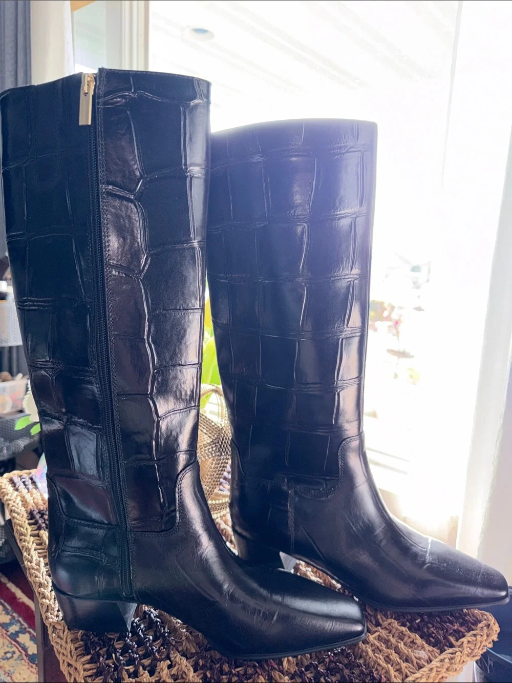 Vince Camuto Pavla Black Croc Embossed Leather Knee High Boots Size 6
